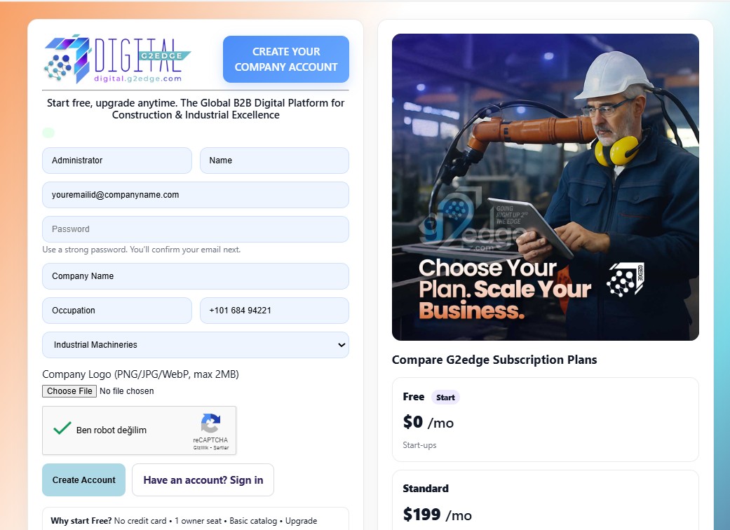 Registration page — Free Starter Plan selection.