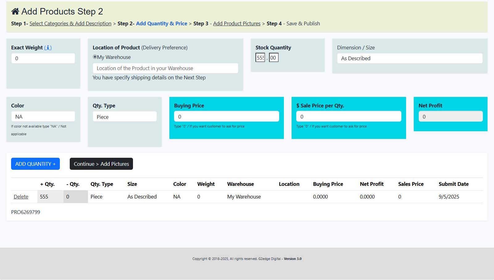 Product creation form