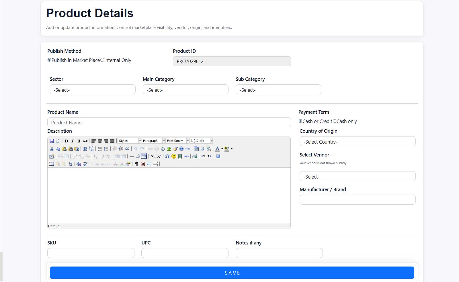 Product creation form
